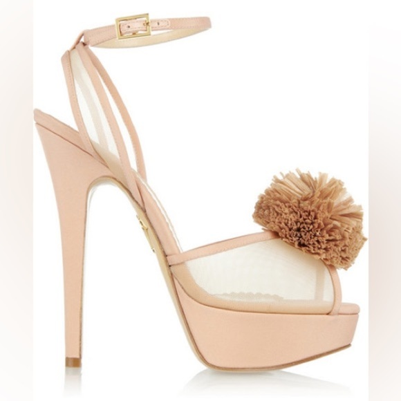 Charlotte Olympia /  Pomeline Crepe De Chine Sandals Pom Pom platform 38 8 - Picture 1 of 8